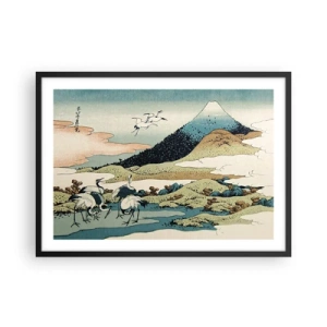 Poster in cornice nera - Grafica tradizionale giapponese con montagne e gru - 70x50cm - Nello spirito giapponese - Decorazione murale moderna per soggiorno e camera da letto ARTTOR