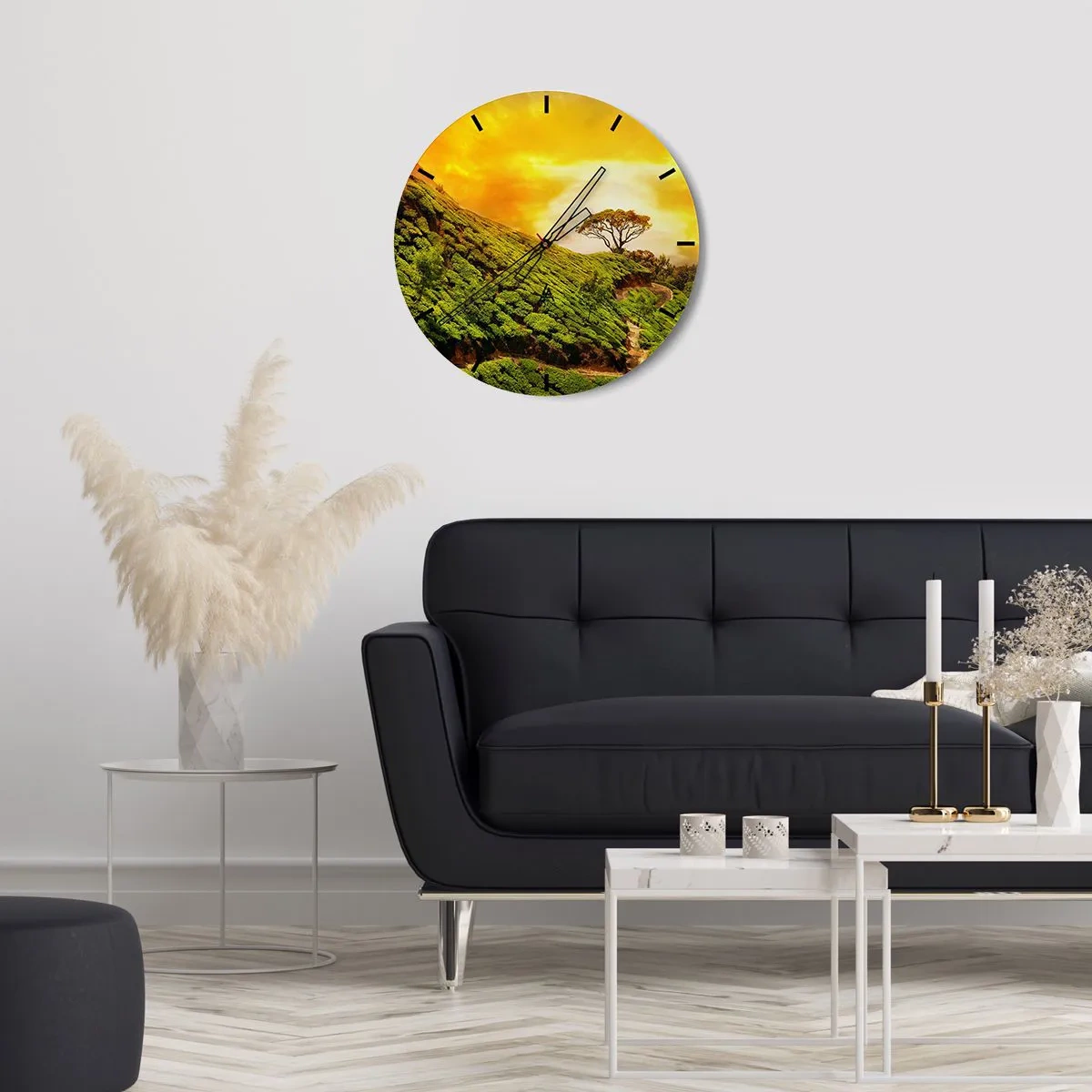 Orologio da parete - Orologio in Vetro - Verdi colline sotto i raggi del sole al tramonto - 30x30cm - Sentiero tortuoso, pendio verde - Decorazione murale moderna per soggiorno, cucina e camera da letto ARTTOR