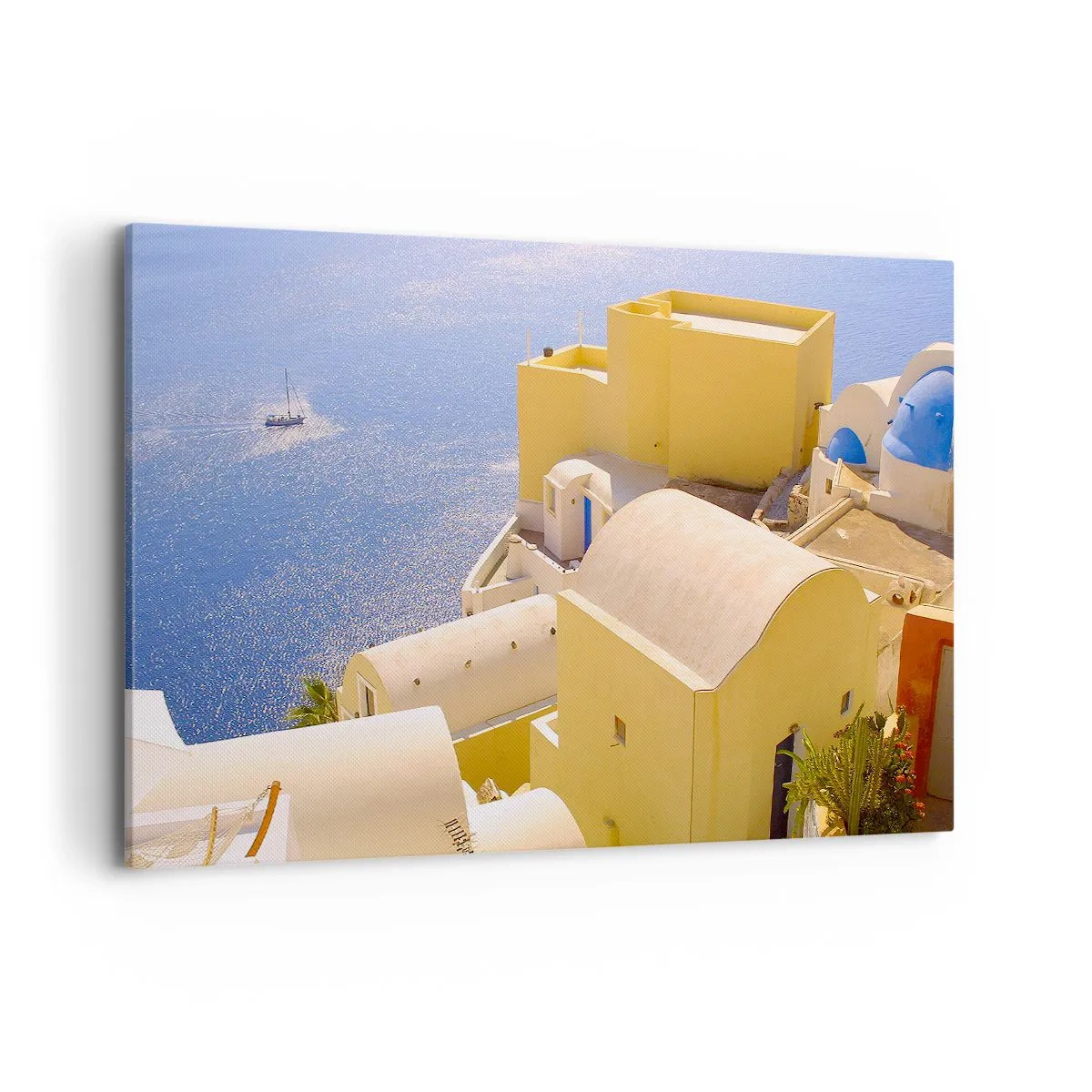 Quadro su tela - Stampe su Tela - Architettura greca con vista sul mare e una barca sullo sfondo - 120x80cm - Paesaggio greco in bianco e blu - Decorazione murale moderna per soggiorno e camera da letto ARTTOR