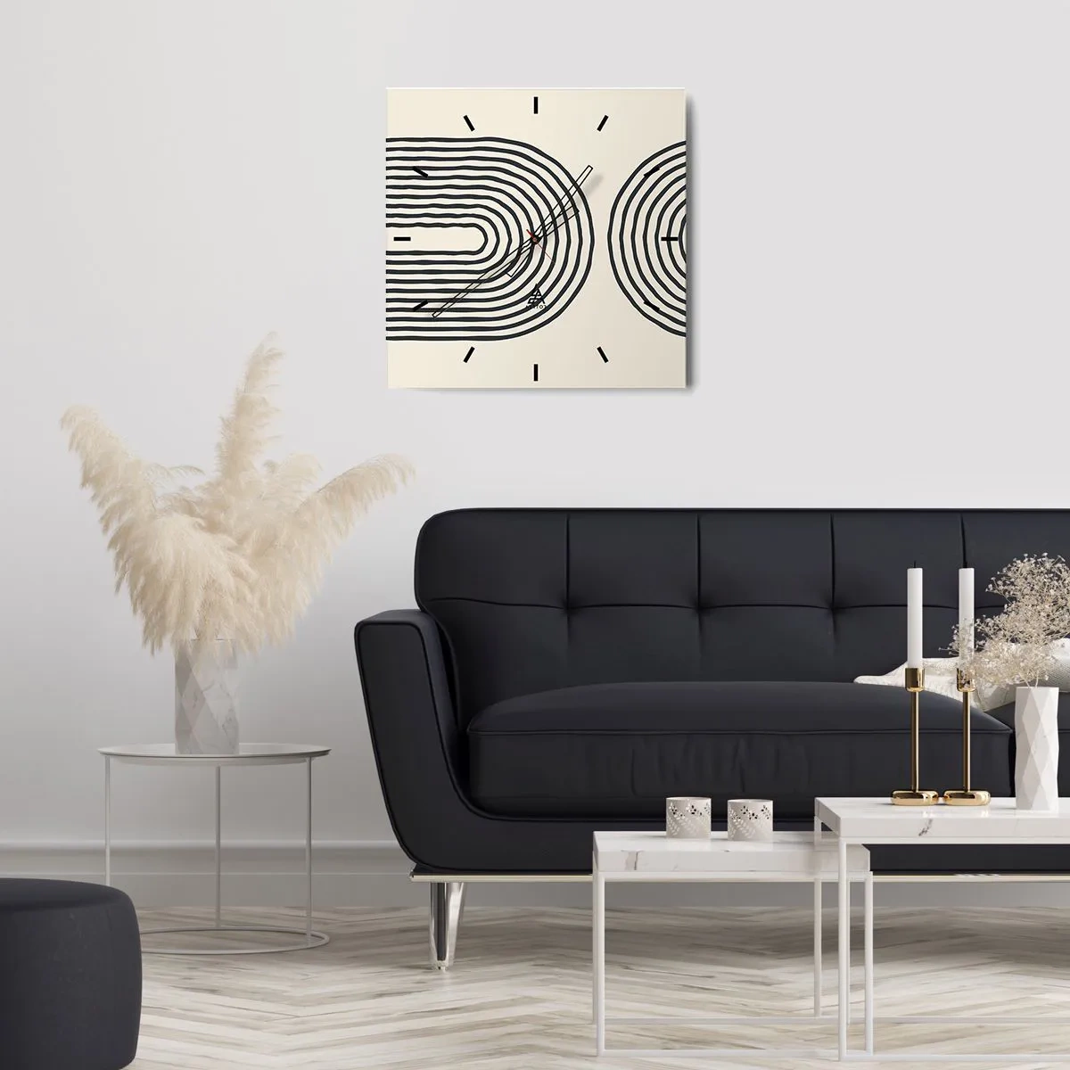 Orologio da parete - Orologio in Vetro - Motivo geometrico astratto con linee simmetriche su sfondo chiaro - 30x30cm - Tra un attimo... - Decorazione murale moderna per soggiorno e camera da letto ARTTOR
