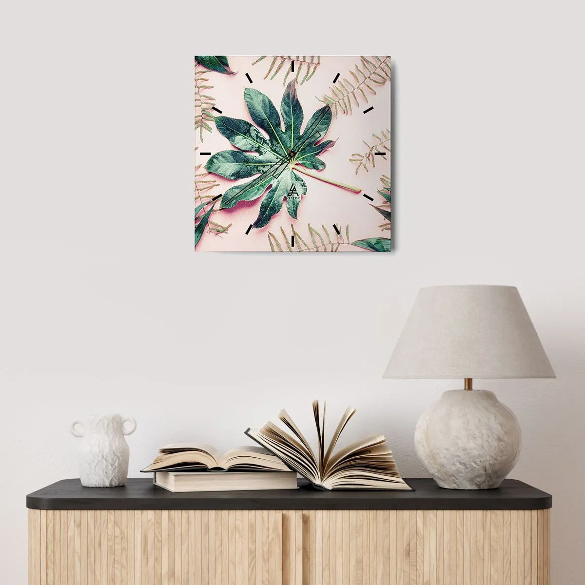 Orologio da parete - Orologio in Vetro - Studio di verde su sfondo rosa - 30x30 cm