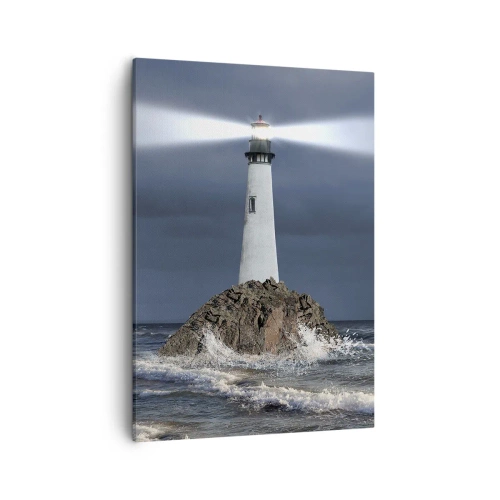 Quadro su tela - Stampe su Tela - Un faro su una roccia circondato da un mare in tempesta - 50x70cm - Qui...qui... qui! - Decorazione murale moderna per soggiorno e camera da letto ARTTOR