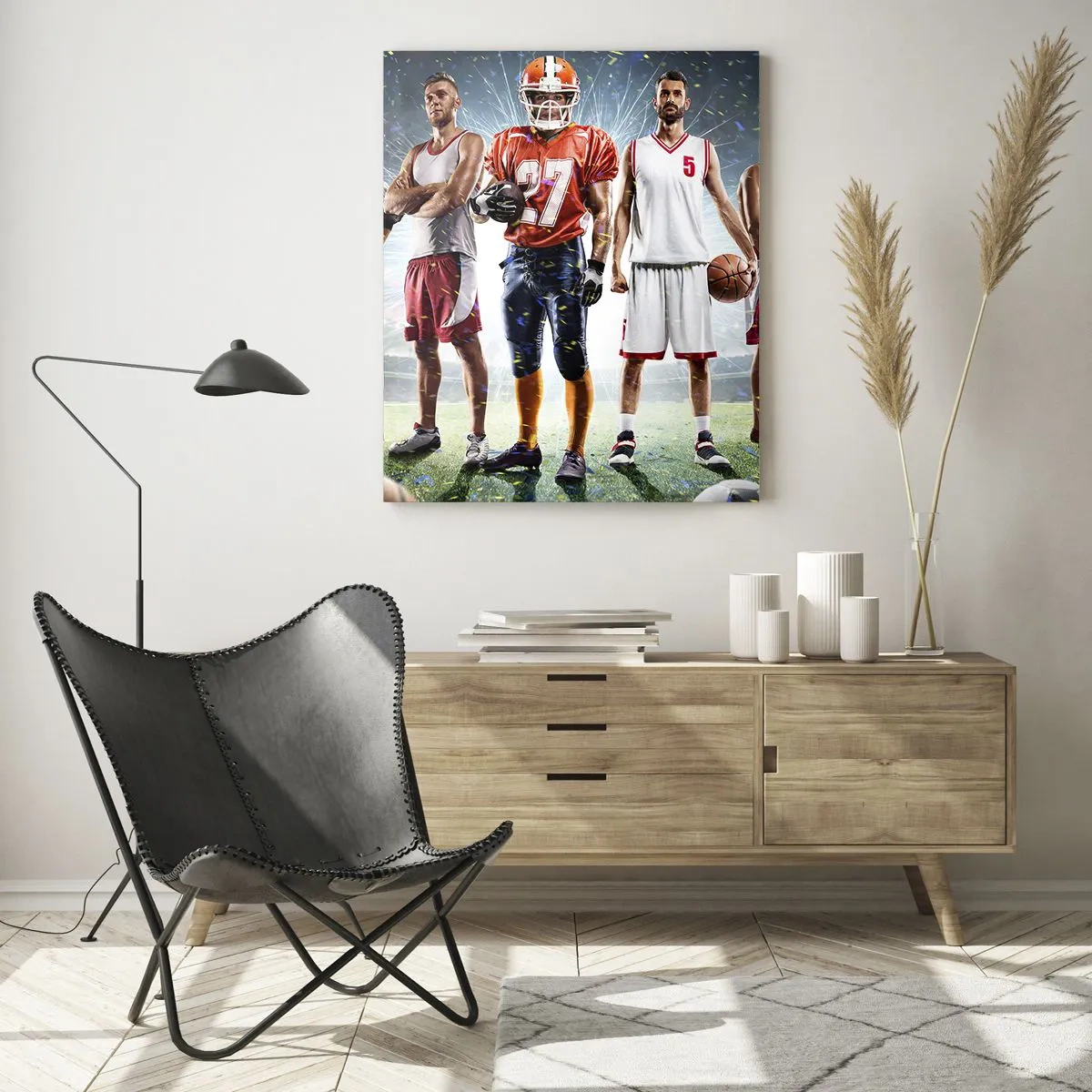 Quadro su vetro - Una scena dinamica di atleti di varie discipline nello stadio sotto i riflettori - 80x120cm - I campi dei gladiatori - Decorazione murale moderna per soggiorno e camera da letto ARTTOR