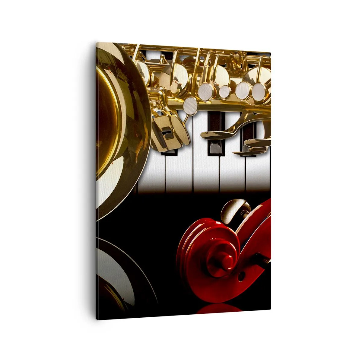 Quadro su tela - Stampe su Tela - Un sassofono dorato, tasti di pianoforte e un violino rosso - 50x70cm - Metallo, legno e avorio - Decorazione murale moderna per soggiorno e camera da letto ARTTOR