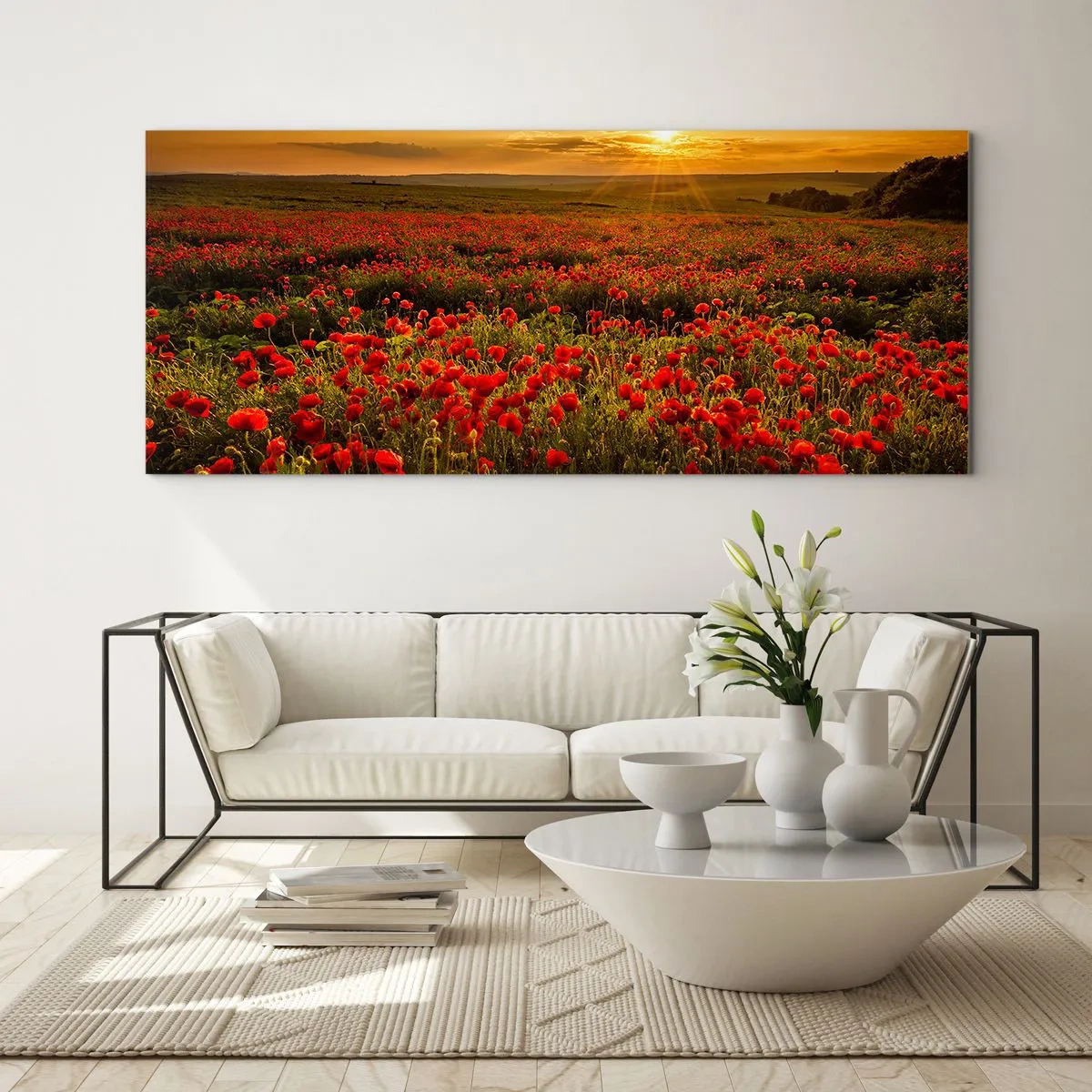 Quadro su vetro - Un campo di papaveri rossi al chiarore del sole al tramonto - 160x50cm - Tra il fruscio delle erbe, in un'esplosione di fiori - Decorazione murale moderna per soggiorno e camera da letto ARTTOR