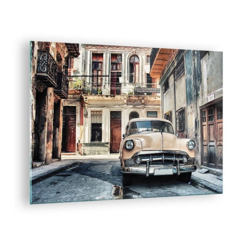 Quadro su vetro - Auto retrò sulla strada del centro storico - 70x50cm - Siesta all'Avana - Decorazione murale moderna per soggiorno e camera da letto ARTTOR