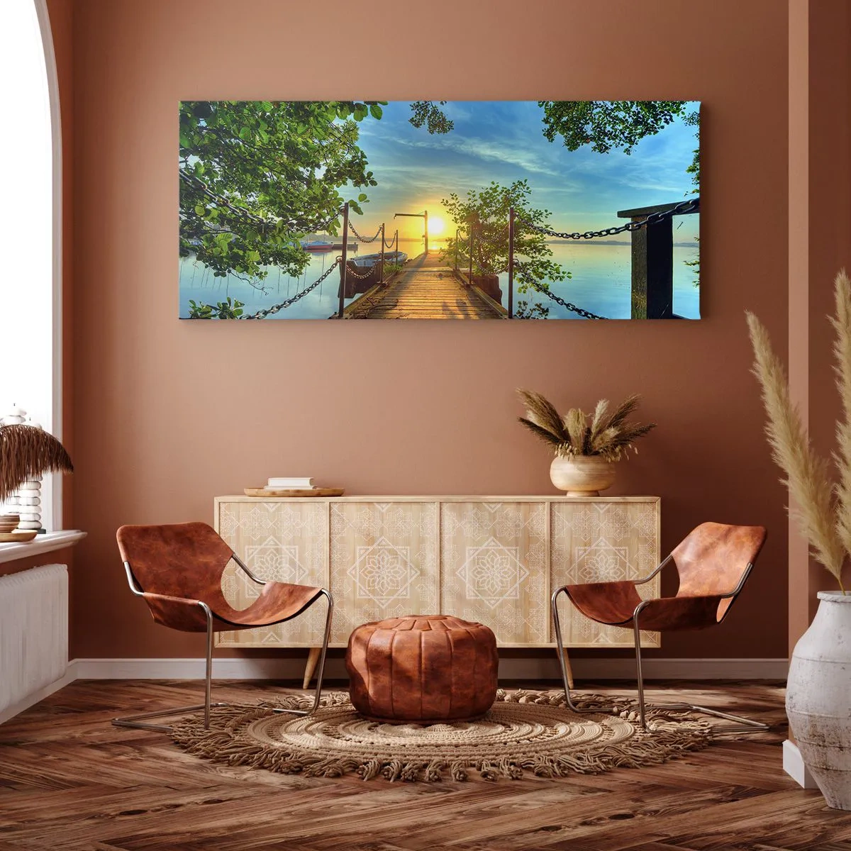 Quadro su tela - Stampe su Tela - Un molo sul lago sotto i raggi del tramonto - 140x50cm - Tramonto sul lago - Decorazione murale moderna per soggiorno e camera da letto ARTTOR
