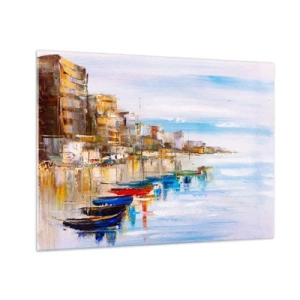 Quadro su vetro - Barche colorate ormeggiate al molo della città - 70x50cm - Molo cittadino multicolore - Decorazione murale moderna per soggiorno e camera da letto ARTTOR
