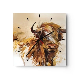 Orologio da parete - Orologio in Vetro - Ritratto di un toro in stile acquerello artistico - 30x30cm - L'orgoglio del cacciatore - Decorazione murale moderna per soggiorno e camera da letto ARTTOR