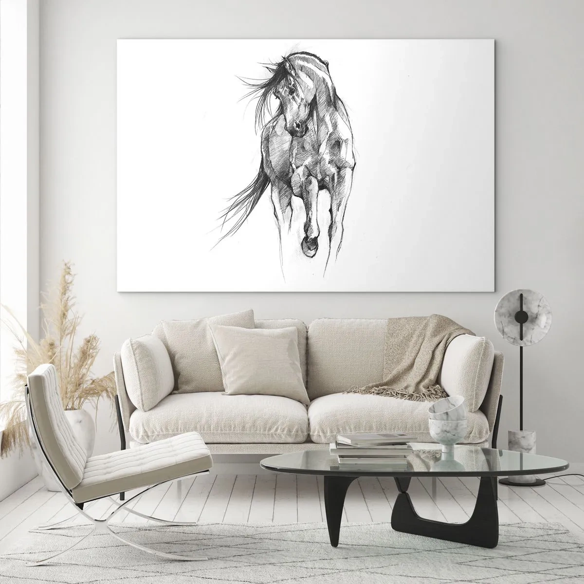 Quadro su vetro - Uno schizzo di un cavallo al galoppo in stile minimalista - 70x50cm - Trotto aggraziato - Decorazione murale moderna per soggiorno e camera da letto ARTTOR