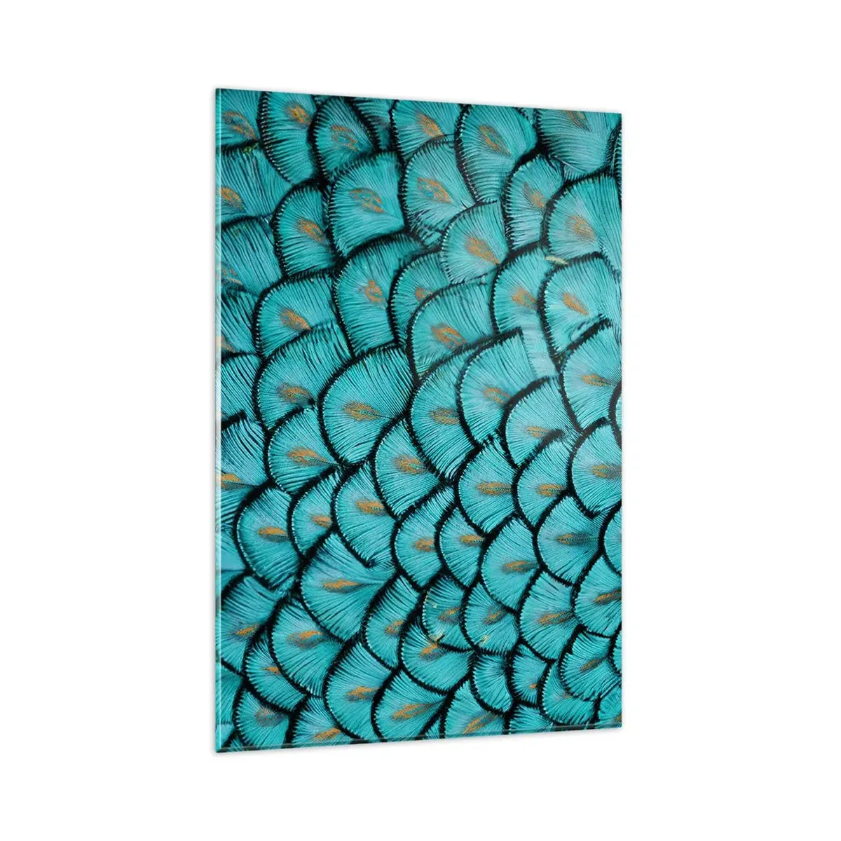 Quadro su vetro - Un motivo che ricorda le squame turchesi con accenti dorati - 80x120cm - La grande festa delle piume - Decorazione murale moderna per soggiorno e camera da letto ARTTOR