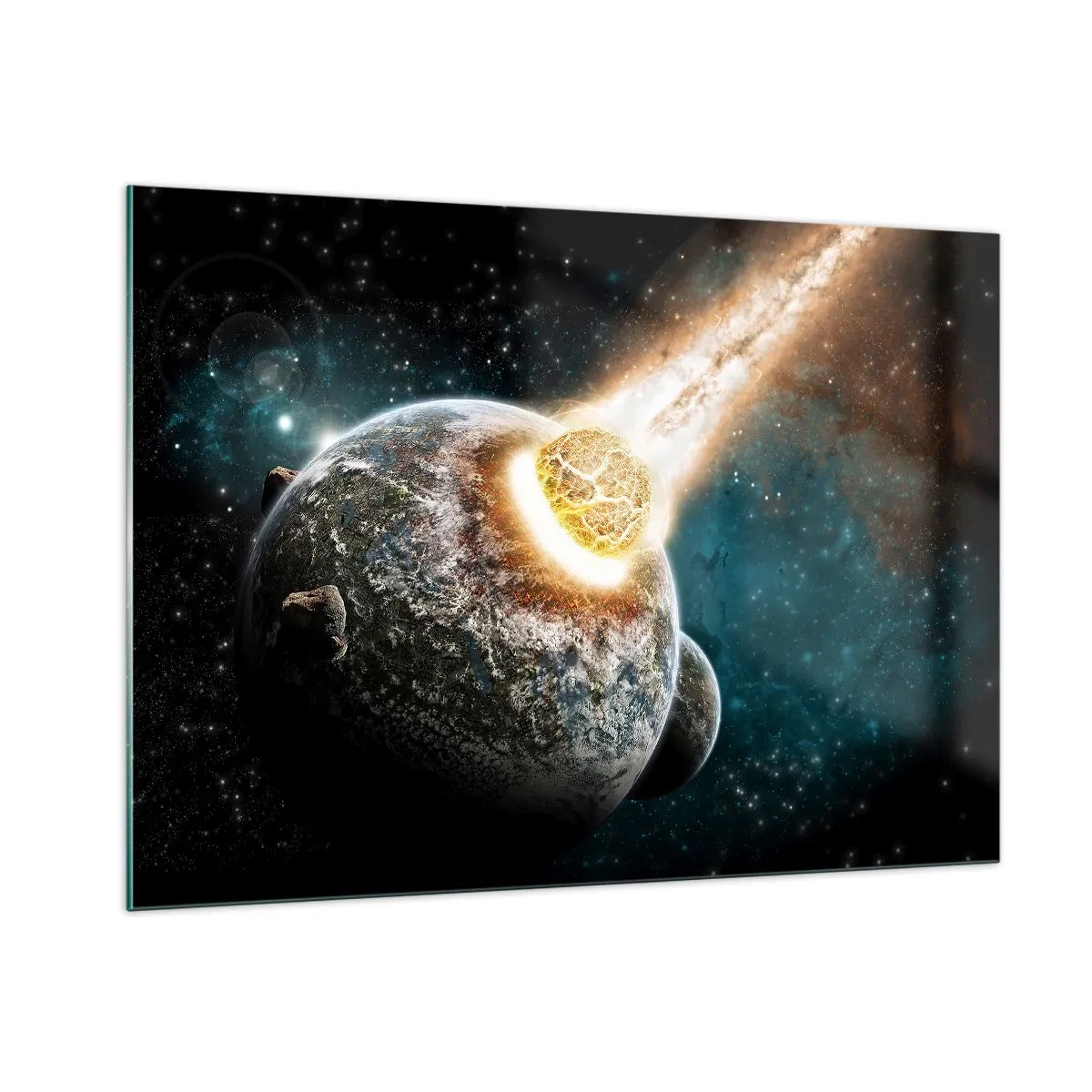 Quadro su vetro - Un pianeta in collisione con un meteorite - 100x70cm - Estinzione o nascita? - Decorazione murale moderna per soggiorno e camera da letto ARTTOR