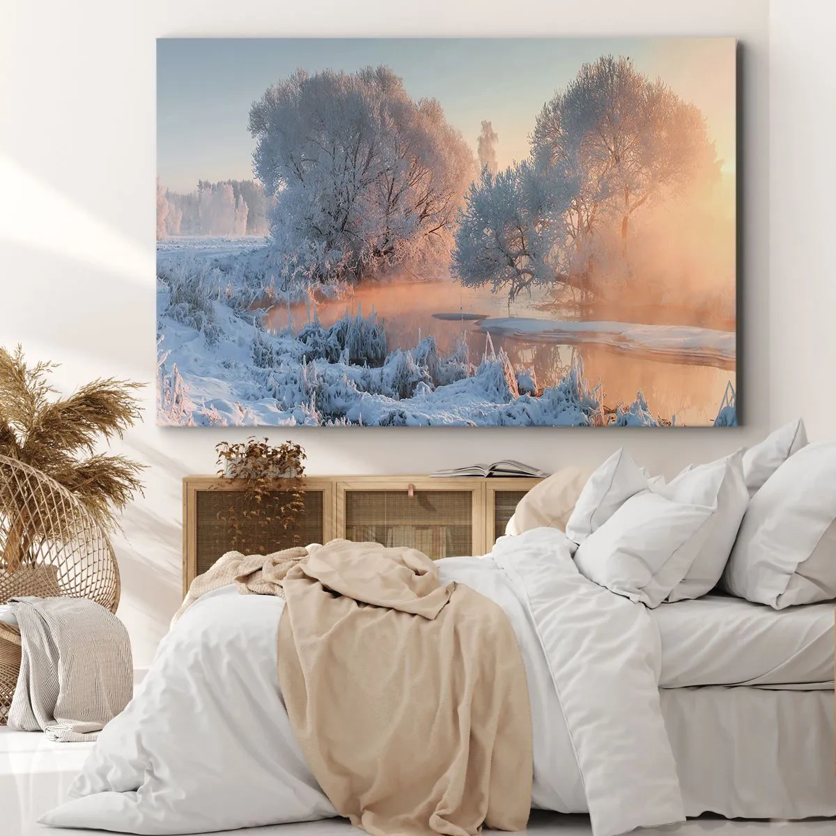 Quadro su tela - Stampe su Tela - Paesaggio invernale con alberi innevati e tramonto - 120x80cm - Tutto brilla al sole nel cristallo - Decorazione murale moderna per soggiorno e camera da letto ARTTOR