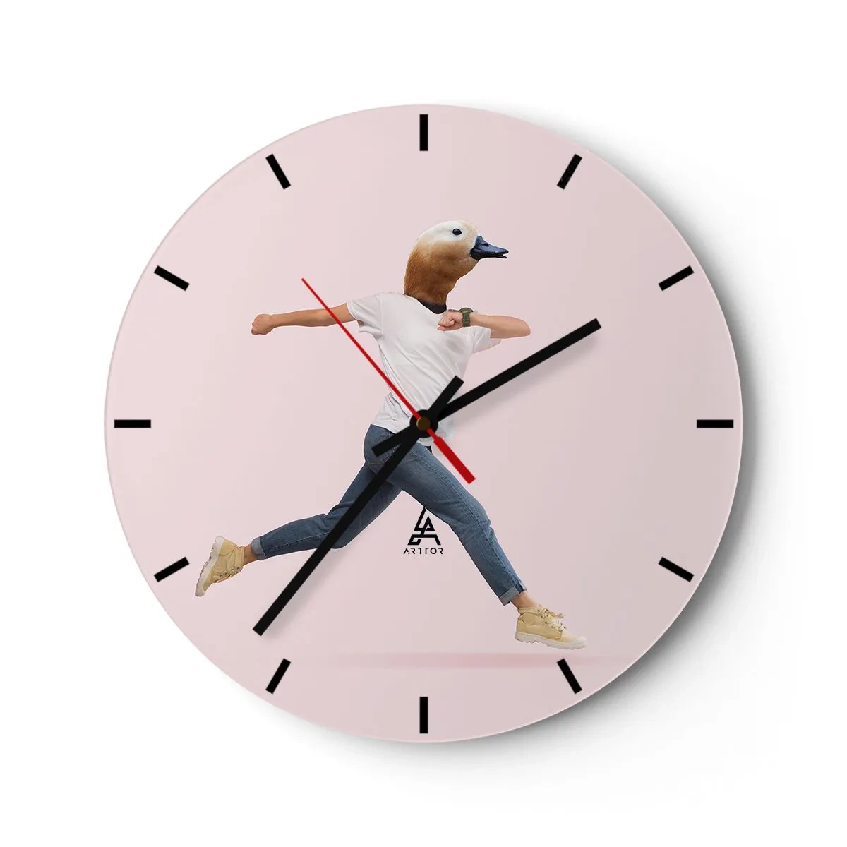 Orologio da parete - Orologio in Vetro - Una figura in movimento con la testa di un uccello su uno sfondo chiaro - 30x30cm - Un pizzico di assurdo - Decorazione murale moderna per soggiorno, cucina e camera da letto ARTTOR