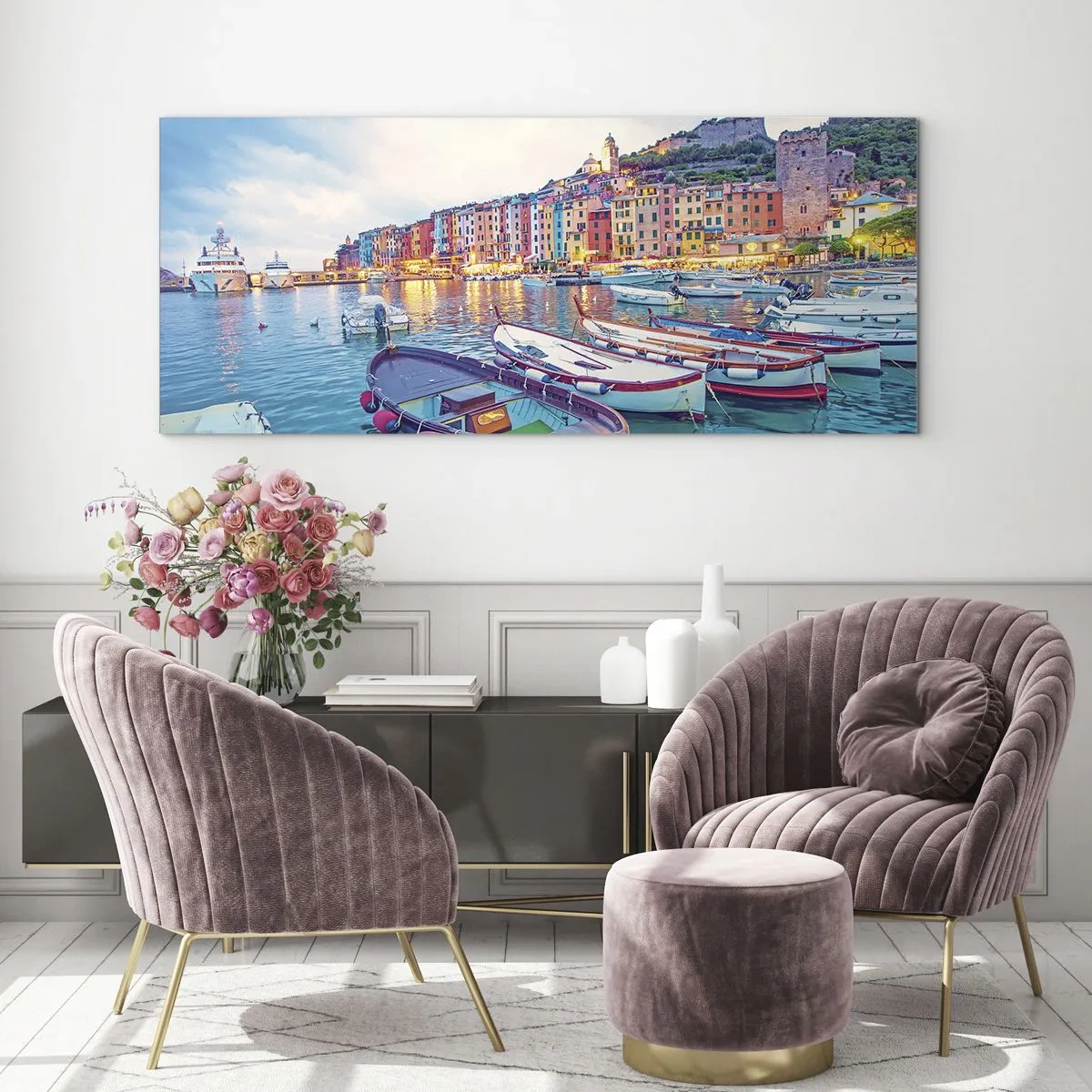 Quadro su vetro - Sera colorata nel porto - 100x40 cm