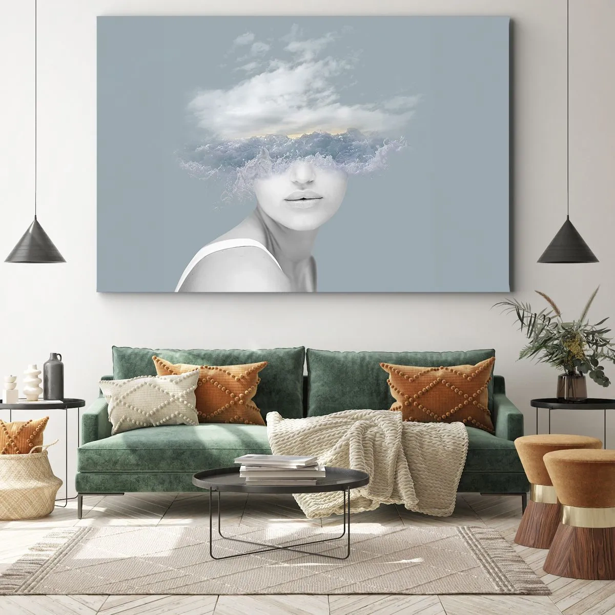 Quadro su tela - Stampe su Tela - Ritratto di una donna con il viso nascosto dietro nuvole e onde - 120x80cm - Con la testa tra le nuvole - Decorazione murale moderna per soggiorno e camera da letto ARTTOR