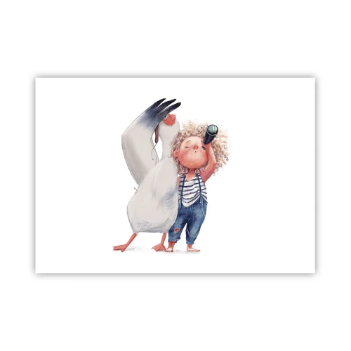 Poster - Illustrazione di un bambino con un pellicano e un telescopio in mano - 100x70cm - Il progetto di un grande viaggio - Decorazione murale moderna per soggiorno e camera da letto ARTTOR