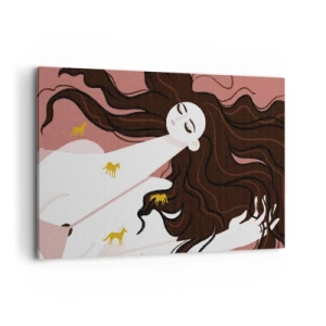 Quadro su tela - Stampe su Tela - Una figura con gli occhi chiusi circondata da cavalli dorati - 120x80cm - Il sogno del cavallo d'oro - Decorazione murale moderna per soggiorno e camera da letto ARTTOR