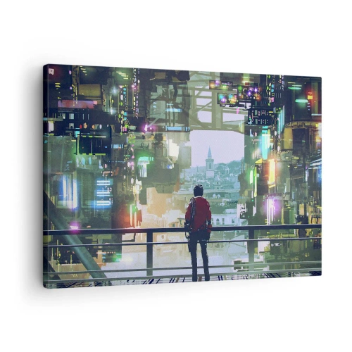 Quadro su tela - Stampe su Tela - Una figura in una città futuristica con luci al neon - 70x50cm - Due mondi - Decorazione murale moderna per soggiorno e camera da letto ARTTOR