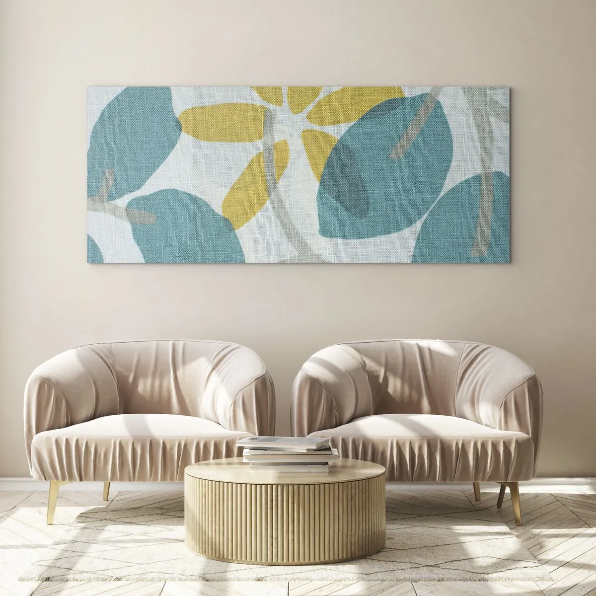 Quadro su vetro - Foglie nei toni del turchese e del giallo su uno sfondo chiaro - 160x50cm - Tra le foglie azzurre - Decorazione murale moderna per soggiorno e camera da letto ARTTOR