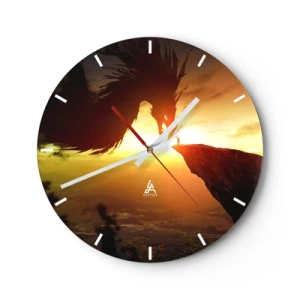 Orologio da parete - Orologio in Vetro - Un guerriero su una scogliera che affronta un enorme drago al tramonto - 30x30cm - Il cacciatore di draghi - Decorazione murale moderna per soggiorno, cucina e camera da letto ARTTOR