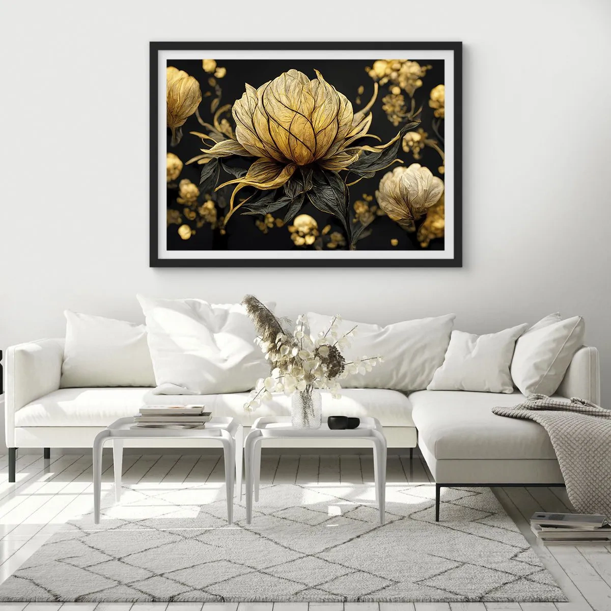 Poster in cornice nera - Fiore dorato su sfondo scuro - 70x50cm - Delicata fragilità - Decorazione murale moderna per soggiorno e camera da letto ARTTOR