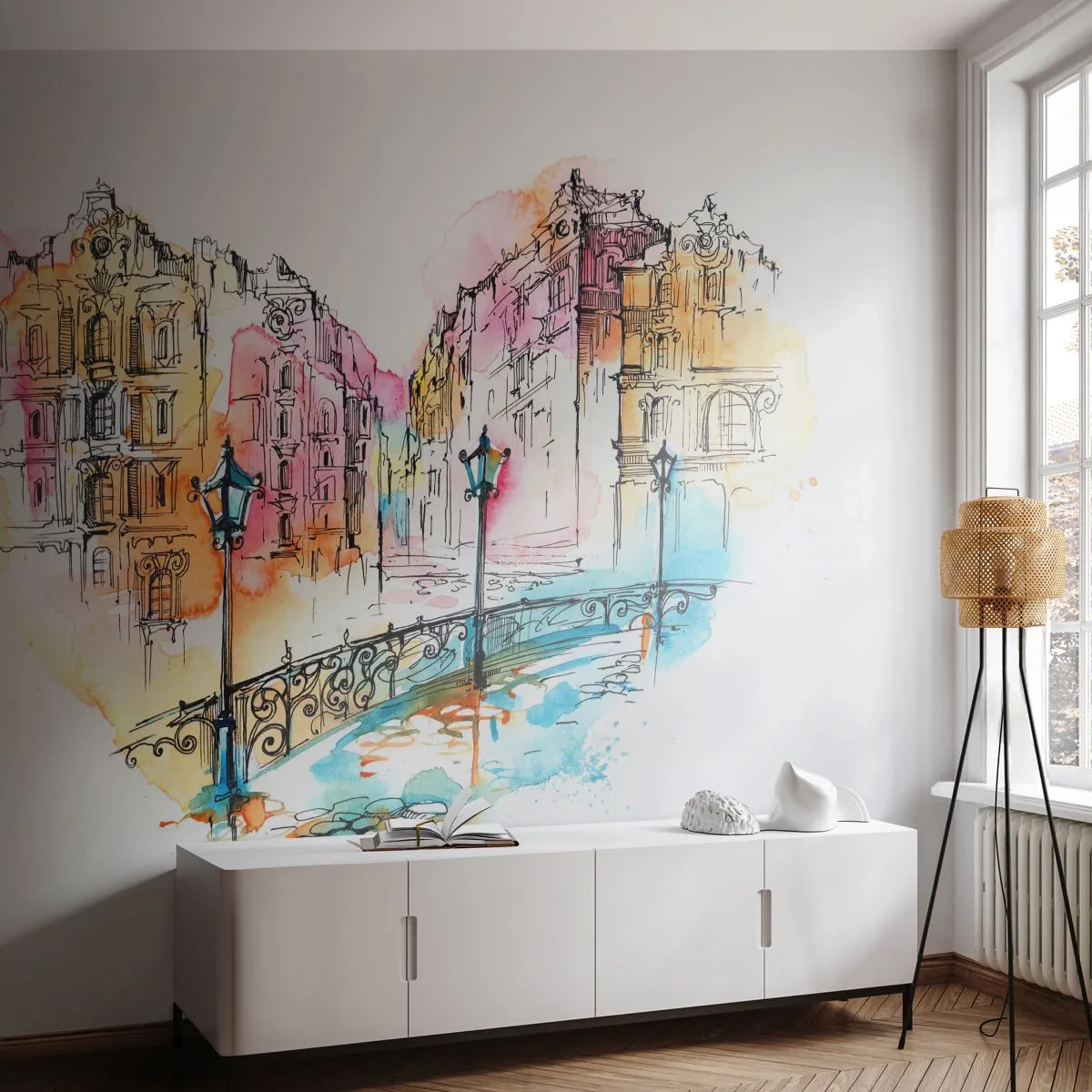 Fotomurali Premium Sand - Un ponte in un contesto urbano romantico - 100x70cm - Il cuore della città - Decorazione murale moderna per soggiorno e camera da letto ARTTOR
