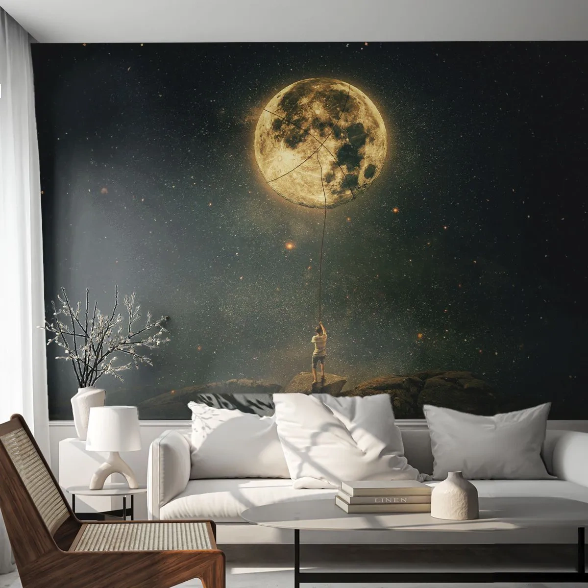 Fotomurali Premium Sand - Una figura su una roccia che tiene la luna su una corda tra le stelle - 100x70cm - Chi ha rubato la luna - Decorazione murale moderna per soggiorno e camera da letto ARTTOR