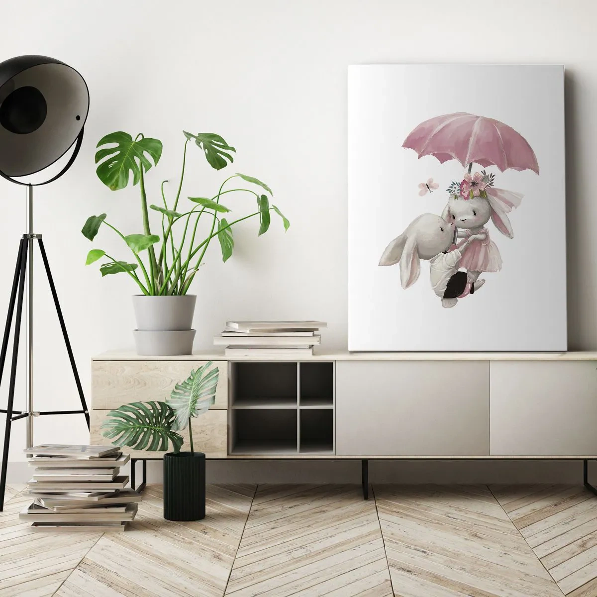 Quadro su tela - Stampe su Tela - Coniglietti carini sotto un ombrello rosa - 50x70cm - Questo è proprio amore - Decorazione murale moderna per soggiorno e camera da letto ARTTOR