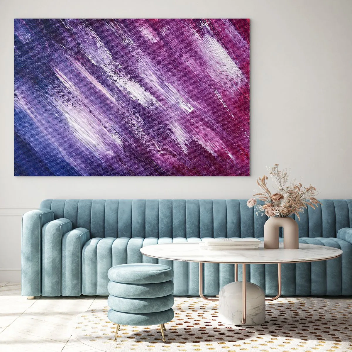 Quadro su vetro - Dipinto astratto nei toni del viola e del bianco - 120x80cm - Quando soffia il vento solare - Decorazione murale moderna per soggiorno e camera da letto ARTTOR