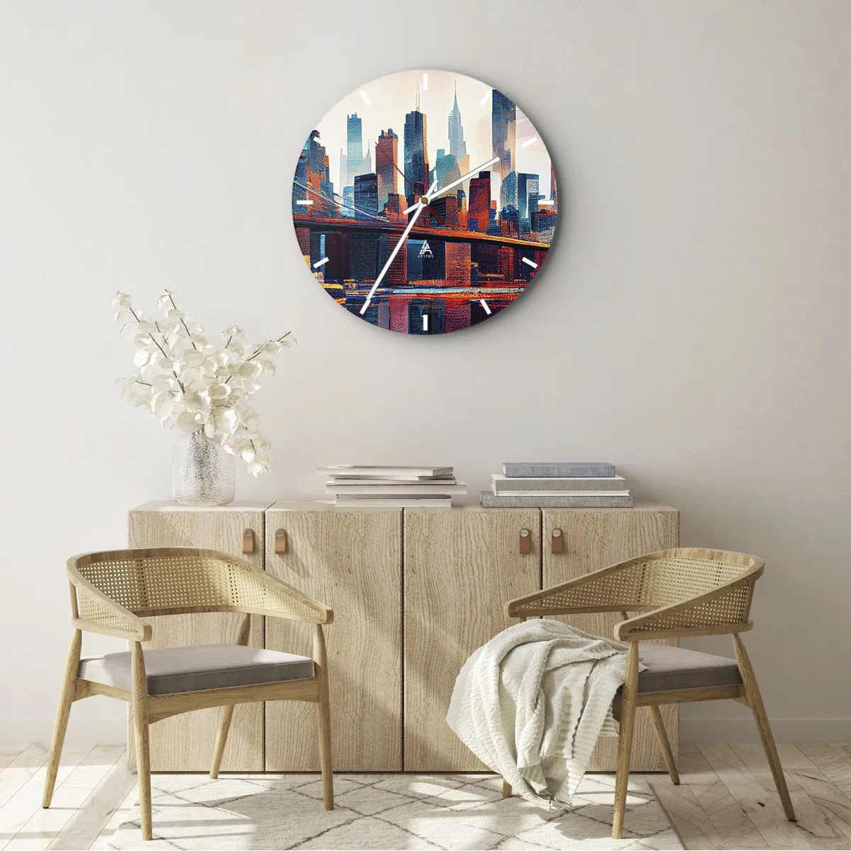 Orologio da parete - Orologio in Vetro - Skyline di New York City con ponte e riflesso nell'acqua al tramonto - 30x30cm - Una New York spettacolare - Decorazione murale moderna per soggiorno, cucina e camera da letto ARTTOR