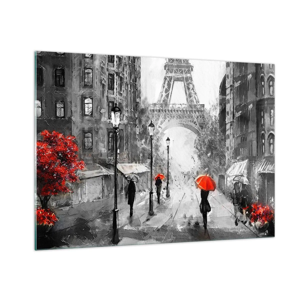 Quadro su vetro - La Torre Eiffel in un paesaggio monocromatico con accenti rossi - 100x70cm - Tutte le strade portano da lei - Decorazione murale moderna per soggiorno e camera da letto ARTTOR