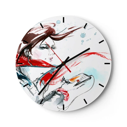 Orologio da parete - Orologio in Vetro - Ritratto di una donna con una sciarpa rossa e una chitarra in stile acquerello - 30x30cm - Sentire la musica dentro - Decorazione murale moderna per soggiorno, cucina e camera da letto ARTTOR