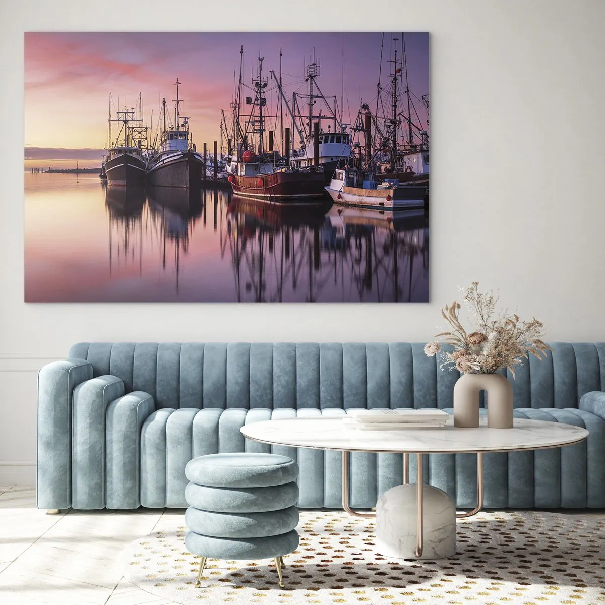 Quadro su vetro - Barche da pesca al tramonto in un porto tranquillo - 120x80cm - Prima del giorno successivo - Decorazione murale moderna per soggiorno e camera da letto ARTTOR