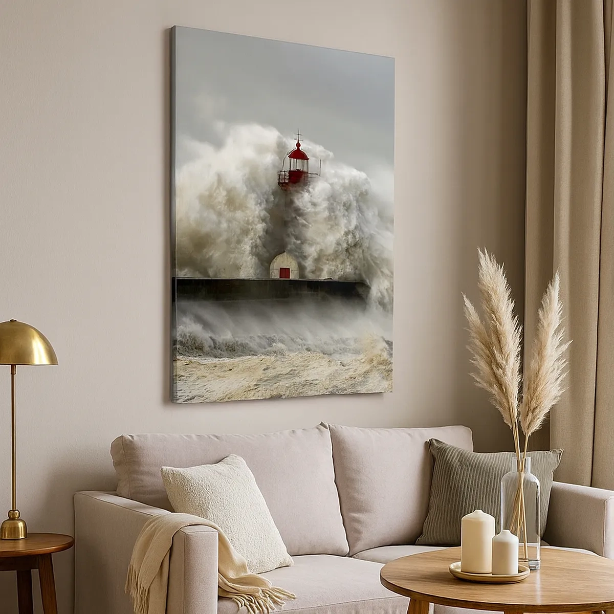 Quadro su tela - Stampe su Tela - Un faro circondato da onde agitate durante una tempesta - 50x70cm - L'ira dell'oceano - Decorazione murale moderna per soggiorno e camera da letto ARTTOR