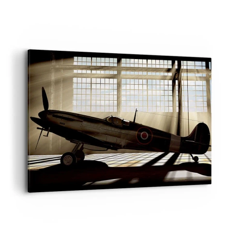 Quadro su tela - Stampe su Tela - Un aereo storico in un hangar illuminato dalla luce del sole - 100x70cm - Il riposo del guerriero - Decorazione murale moderna per soggiorno e camera da letto ARTTOR