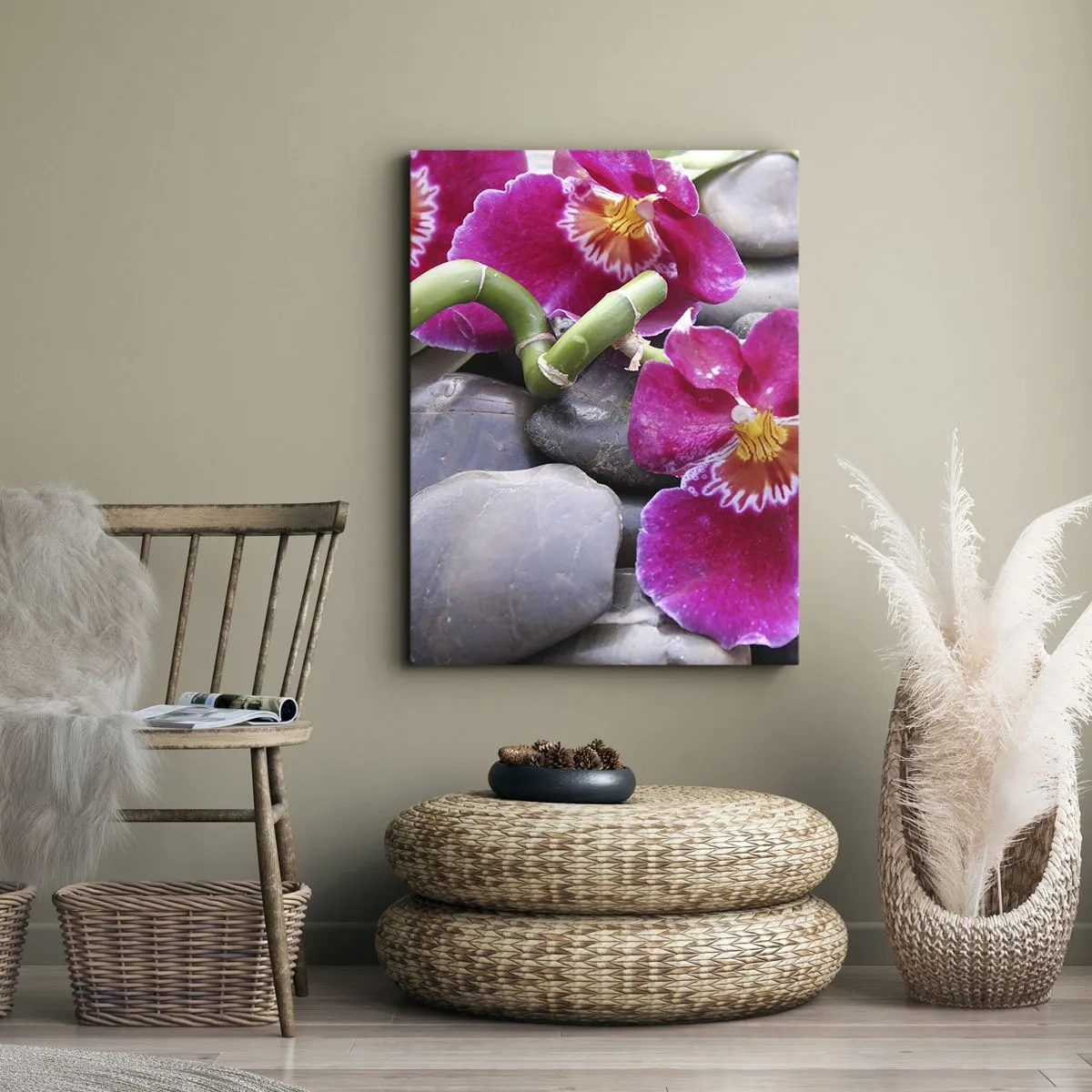 Quadro su tela - Stampe su Tela - Orchidee rosa su uno sfondo di pietre lisce - 50x70cm - Fresco e calore - Decorazione murale moderna per soggiorno e camera da letto ARTTOR
