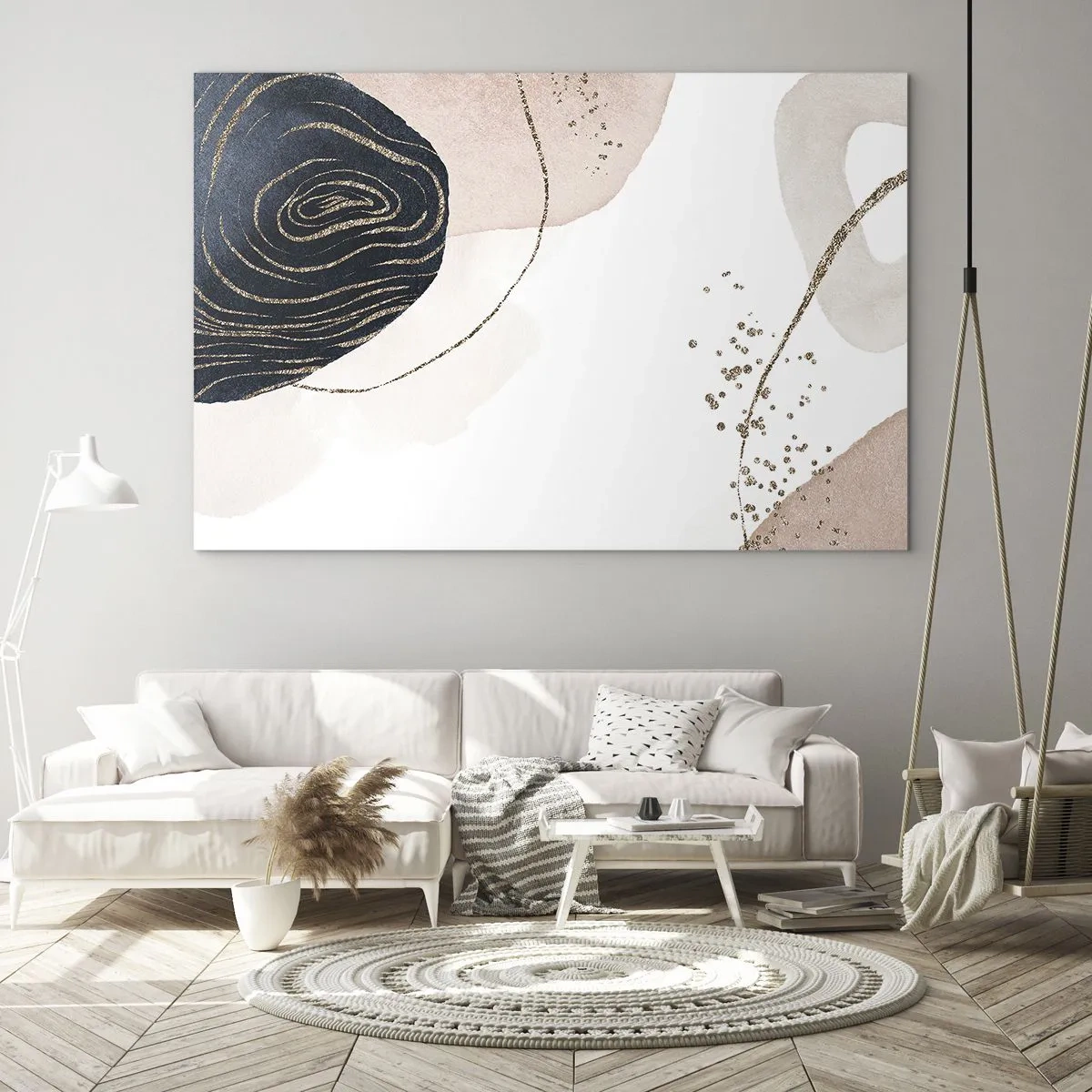Quadro su vetro - Forme astratte con accenti dorati - 120x80cm - Tutto scorre - Decorazione murale moderna per soggiorno e camera da letto ARTTOR