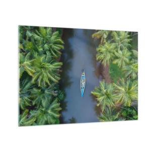Quadro su vetro - Vista dall'alto di una barca che naviga attraverso un canale tra palme tropicali - 70x50cm - Sul percorso tropicale - Decorazione murale moderna per soggiorno e camera da letto ARTTOR