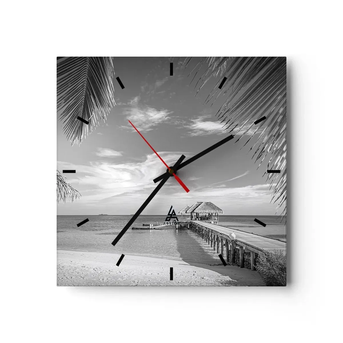 Orologio da parete - Orologio in Vetro - Spiaggia bianca e nera con molo e palme su una costa tropicale - 30x30cm - Un ricordo o un sogno? - Decorazione murale moderna per soggiorno e camera da letto ARTTOR