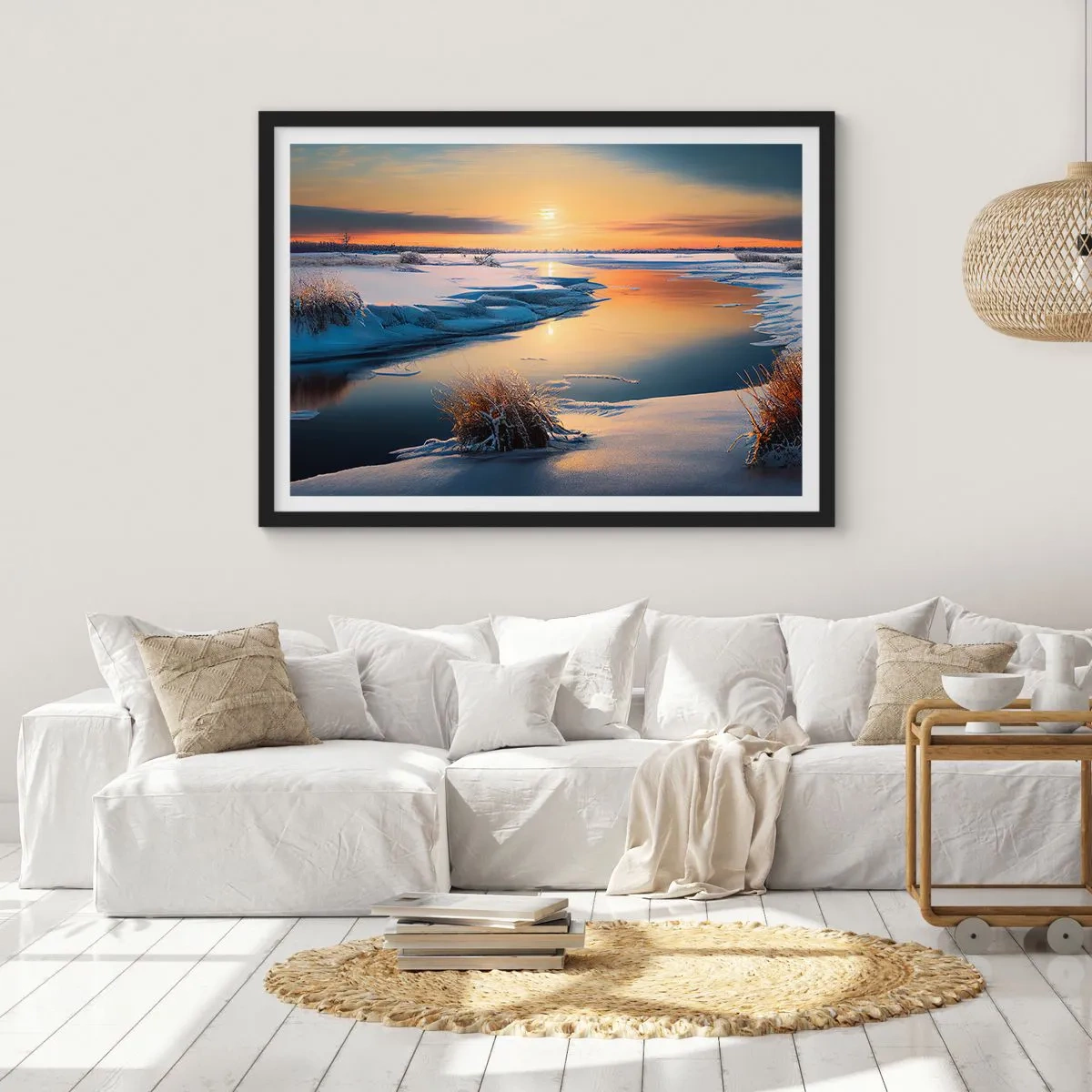 Poster in cornice nera - Paesaggio invernale con un fiume al tramonto - 100x70cm - Tramonto invernale - Decorazione murale moderna per soggiorno e camera da letto ARTTOR
