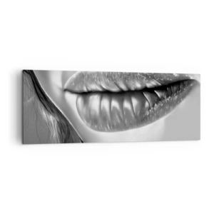 Quadro su tela - Stampe su Tela - Primo piano in bianco e nero delle labbra di una donna con effetto lucido e dettagli. - 140x50cm - So quello che pensi - Decorazione murale moderna per soggiorno e camera da letto ARTTOR