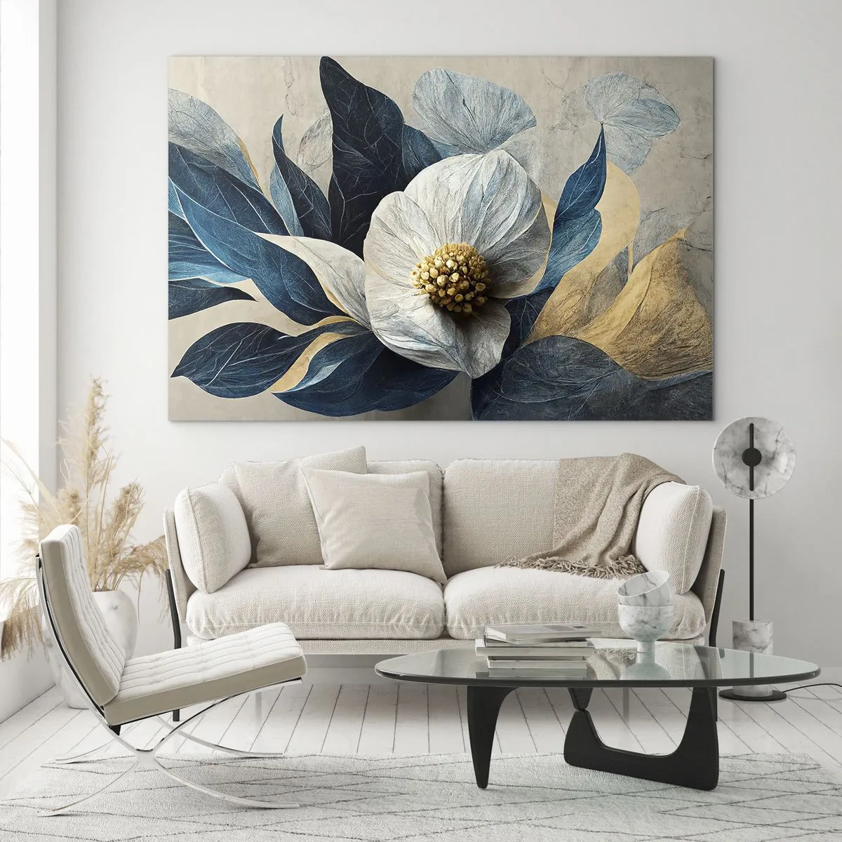 Quadro su vetro - Una composizione floreale bianca con foglie blu navy e un centro dorato - 100x70cm - Ha un cuore d'oro - Decorazione murale moderna per soggiorno e camera da letto ARTTOR