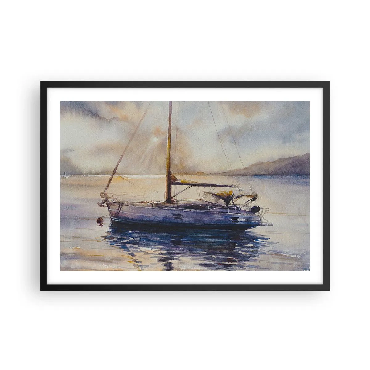 Poster in cornice nera - Uno yacht su un mare calmo al tramonto - 70x50cm - La sera nel golfo - Decorazione murale moderna per soggiorno e camera da letto ARTTOR