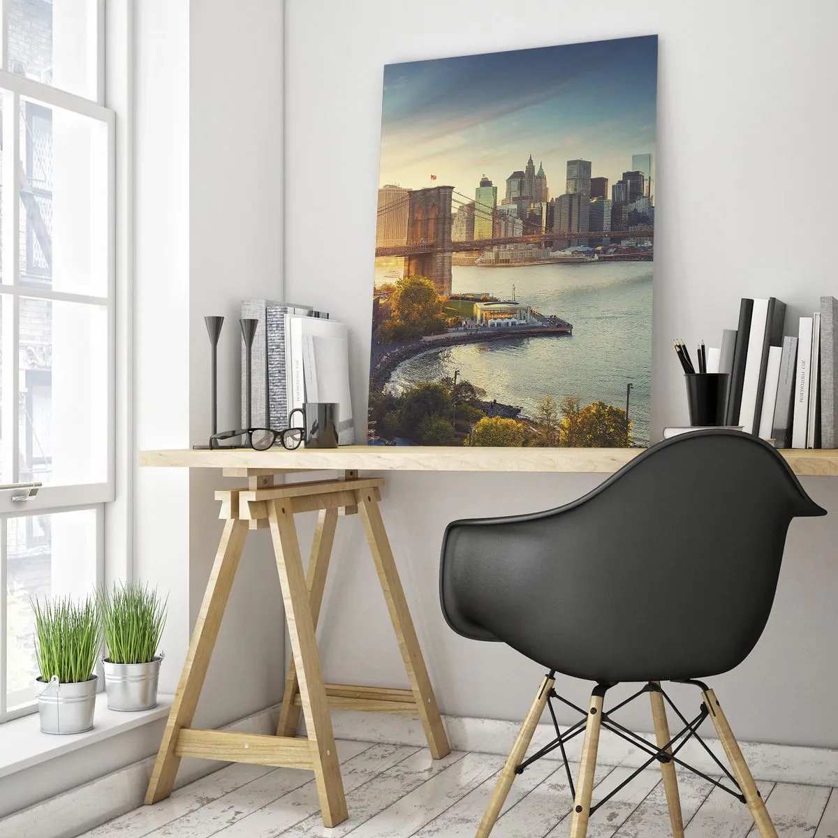 Quadro su vetro - Panorama della città con il ponte al tramonto - 70x100cm - L'alba nella grande città - Decorazione murale moderna per soggiorno e camera da letto ARTTOR