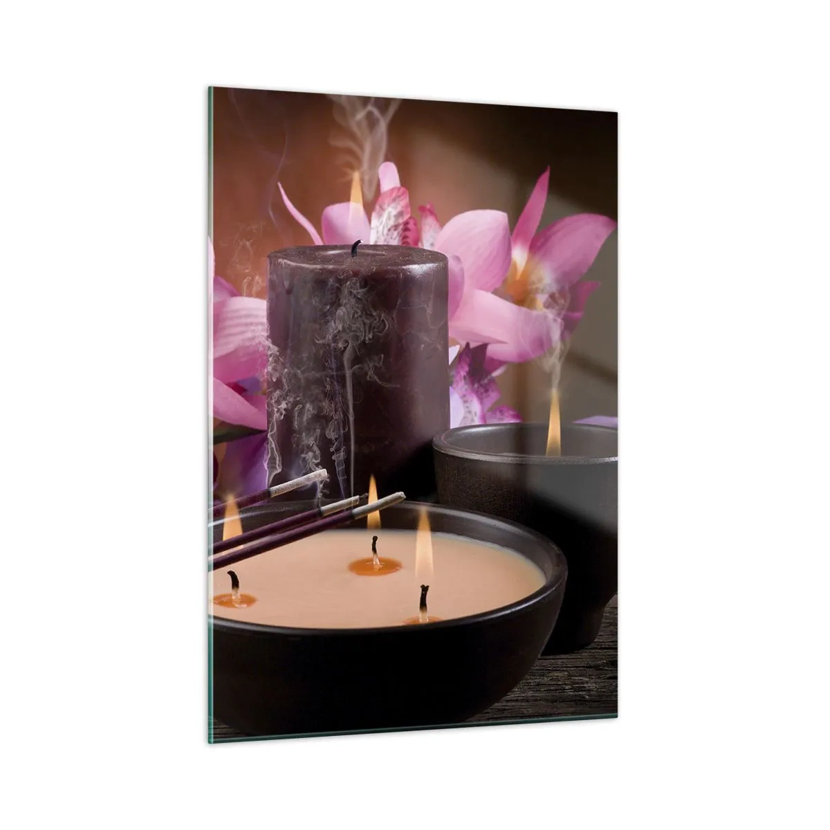 Quadro su vetro - Composizione rilassante con Buddha, candele e fiori - 50x70cm - Purificare la mente, calmare il corpo - Decorazione murale moderna per soggiorno e camera da letto ARTTOR