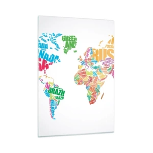 Quadro su vetro - Una mappa del mondo con i nomi dei paesi colorati - 50x70cm - Voglio conoscerli tutti - Decorazione murale moderna per soggiorno e camera da letto ARTTOR