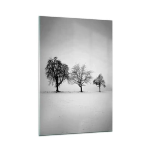Quadro su vetro - Tre alberi in un campo innevato in stile monocromatico - 80x120cm - Cosa sognano? - Decorazione murale moderna per soggiorno e camera da letto ARTTOR