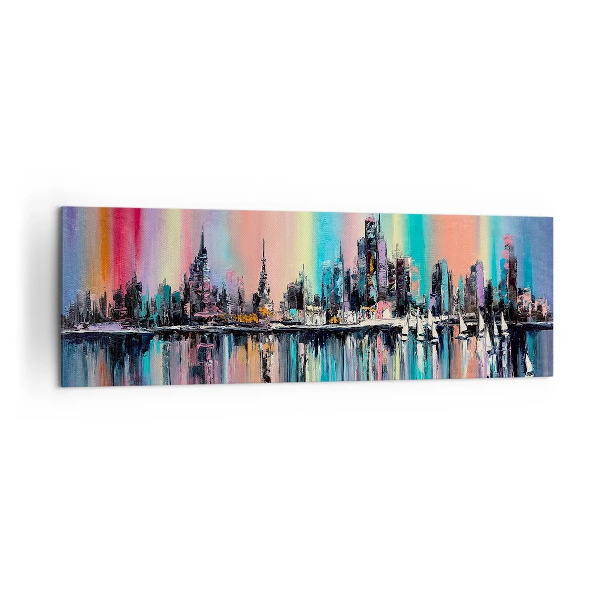 Quadro su tela - Stampe su Tela - Paesaggio urbano colorato con riflessi sull'acqua - 160x50cm - Fluttuare alle luci della notte - Decorazione murale moderna per soggiorno e camera da letto ARTTOR