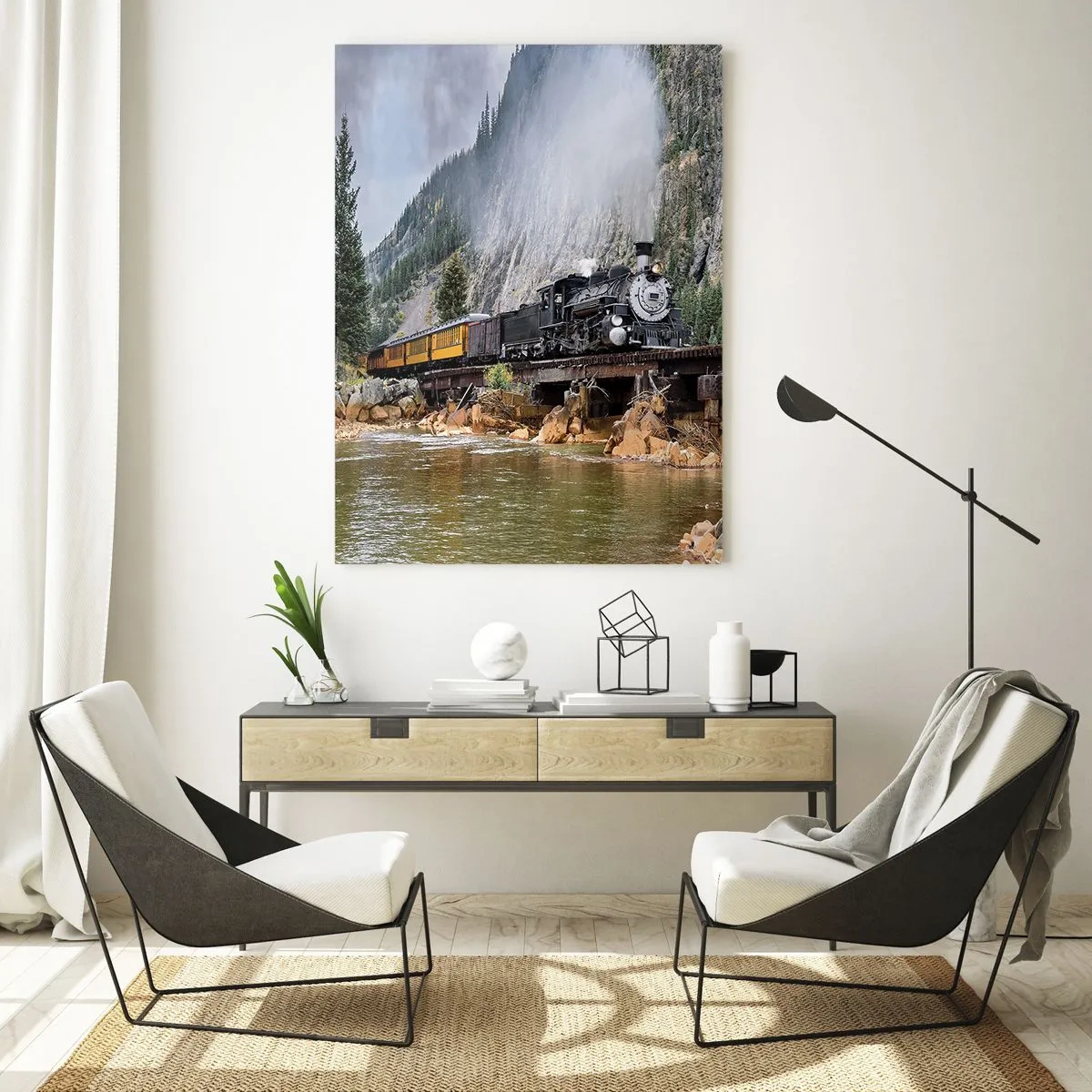 Quadro su vetro - Una locomotiva a vapore su un ponte in un pittoresco paesaggio montano - 80x120cm - Dove andiamo? - Decorazione murale moderna per soggiorno e camera da letto ARTTOR
